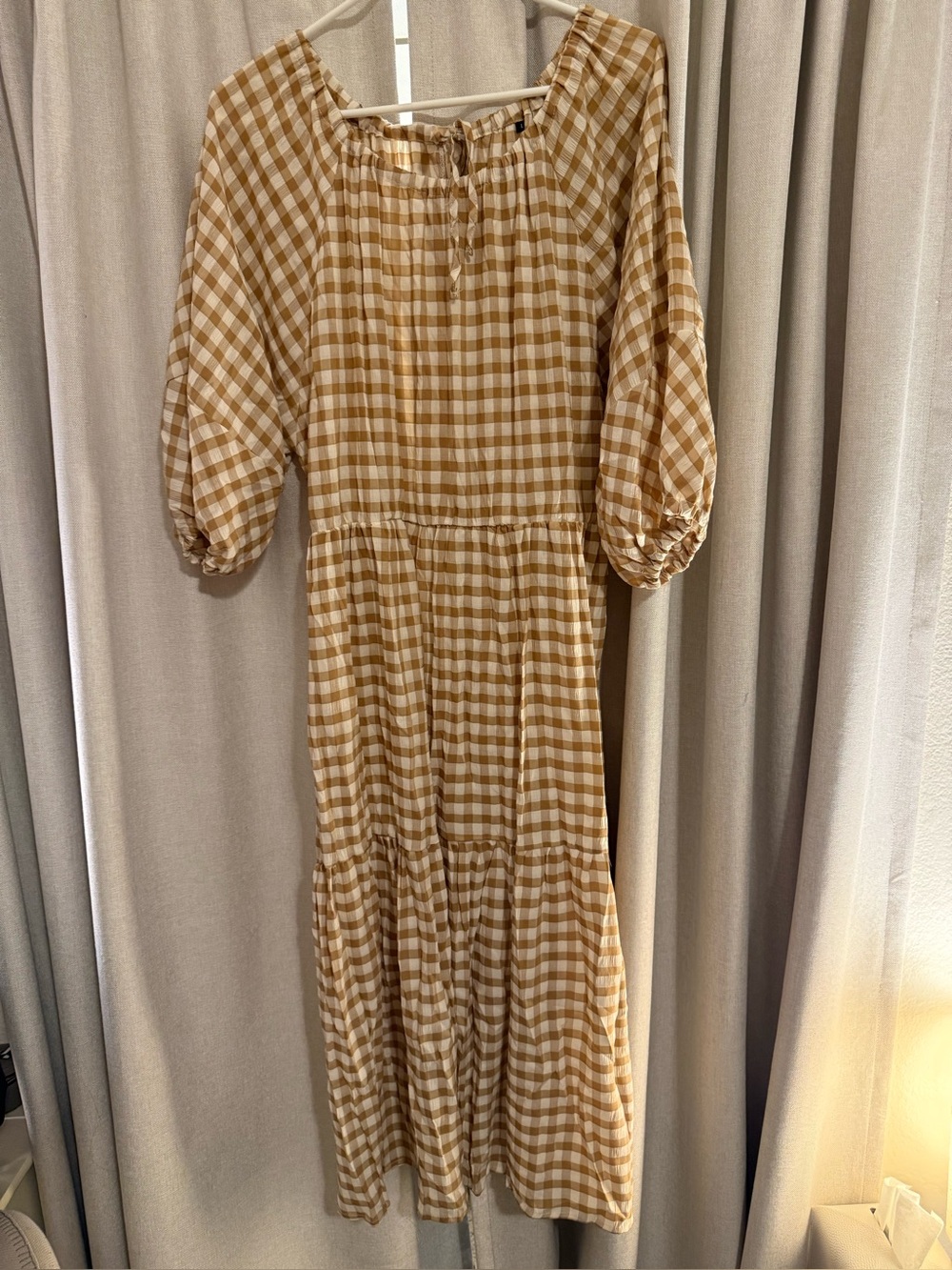 SHEIN Gingham Puff-Sleeve Midi Dress in Mustard Brown & White L